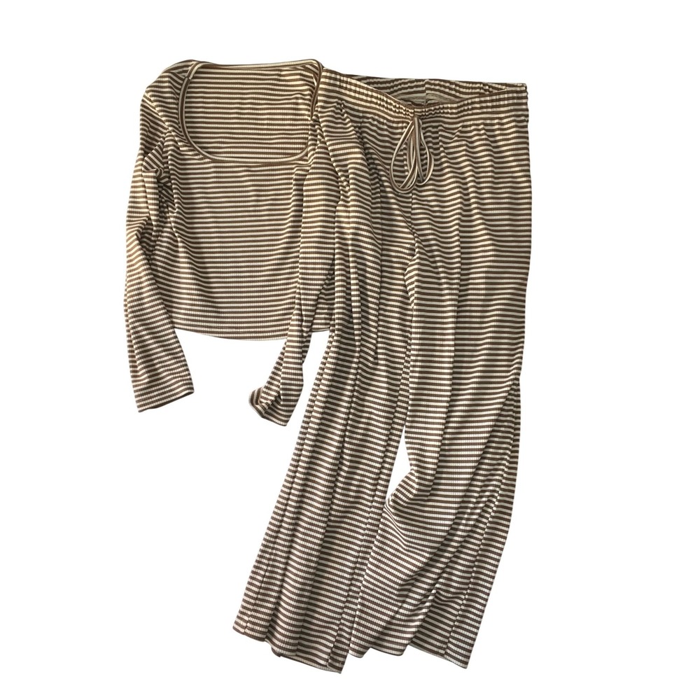 H ME Womens 2 Piece Lounge Set Brown White Striped Ribbed Knit Top Wide Leg Pant